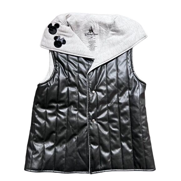 Disney Parks Faux Leather Minnie Embroidered Vest LOVE Sequins Black Grey XS - Picture 1 of 8